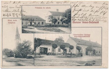1912 Németjárfalu, Deutsch Jahrndorf; plébánia és iskola, Római katolikus templom, Gerstweiber György vegyeskereskedő üzlete / Schule, Kirche, Pfarrhof, Warendhandlung / school, church, parish, shop (EK)