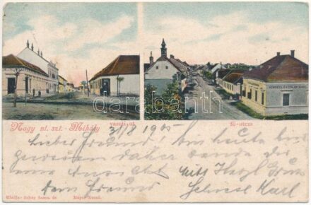 1905 Nagyszentmihály, Németszentmihály, Grosspetersdorf; utca, üzlet, Vendéglő a Zöld fához. Schey Samu és Mayer Rezső kiadása / Strasse, Warenhandlung, Gasthof zur Grünen Baume / street, shop, restaurant (EK)