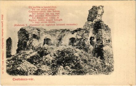 1903 Csobánc, vár, Kisfaludy S. 'Csobánc' c. regéjének bevezető versszaka. Mérei Ignác 89. + 'BALATONSZENTGYÖRGY-UKK 197' vasúti mozgóposta