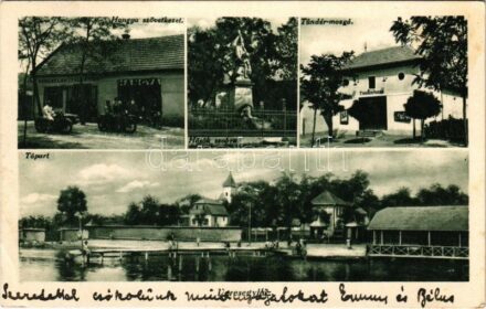 1941 Veresegyház, Hangya Szövetkezet üzlete, korlátlan italmérés, motorkerékpár oldalkocsival, motorbicikli, Hősök szobra, emlékmű, Tündér mozgó (mozi), Tópart. Fekete fényképész kiadása