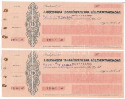 ~1920-1930. 'A Belvárosi Takarékpénztár Részvénytársaság' kitöltetlen csekkje (2x) '128809-128810' sorszámkövetők T:I- folt