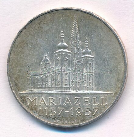Ausztria 1957. 25Sch Ag '800 éves a Mariazelli kegytemplom' T:2 patina, ph Austria 1957. 25 Schilling Ag '8th Centennial - Mariazell Basilica' C:XF patina, edge error Krause KM#2883
