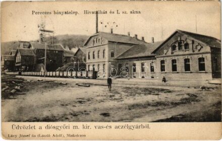 1906 Diósgyőr (Miskolc), M. kir. vas- és acélgyár, Pereces bányatelep, Hivatalház és I. sz. akna. Lövy József fia (László Adolf) kiadása (EK)