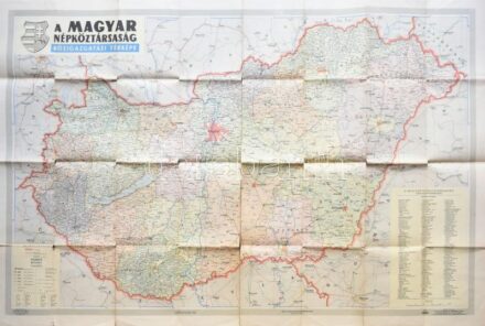 1957 A Magyar Népköztársaság közigazgatási térképe. 1 : 500.000. Bp., Kartográfiai Vállalat (Offset-ny.), hajtva, szakadásokkal, az elülső borító hiányzik, 115x75 cm