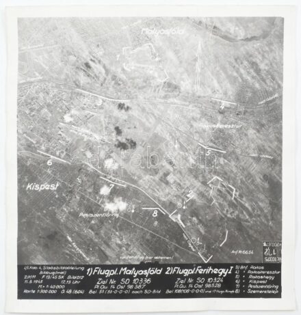 1945 Budapest, Mátyásföldi reptér, Ferihegyi reptér német katonai légi felderítő fotó 29x29 cm / German military scout photo
