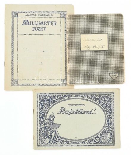 cca 1930-1940 3 db régi iskolai füzet, kettő tartalommal, egy üres. Vegyes állapotban.