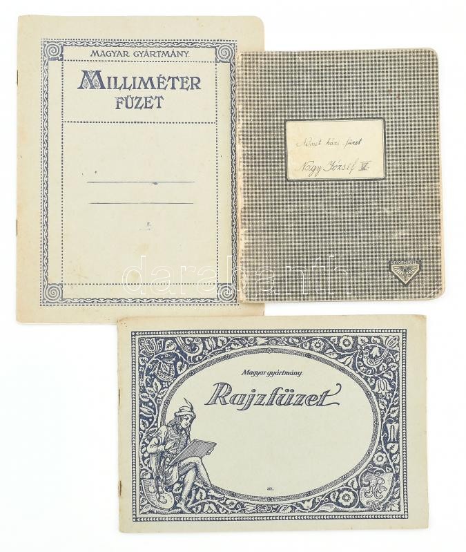 cca 1930-1940 3 db régi iskolai füzet, kettő tartalommal, egy üres. Vegyes állapotban.