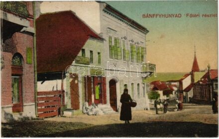 Bánffyhunyad, Huedin; Fő tér, Goldstein Bernát bádogos és Diamantstein üzlete / main square, shops