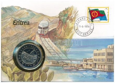 Eritrea 1993. 1$ Cu-Ni 'Függetlenség Napja' forgalomba nem került emlékkiadás felbélyegzett borítékban, bélyegzéssel, német nyelvű leírással T:1 Eritrea 1993. 1 Dollar Cu-Ni 'Independence Day' non-circulating commemorative coin in