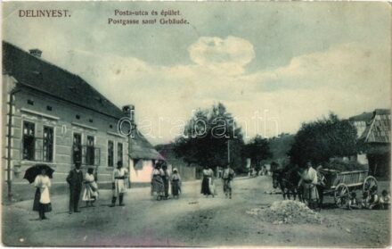 Delényes, Delinyest, Delinesti; Posta utca és épület, lovas szekér. Kugel Károly felvétele / street and post office, horse cart (EK)