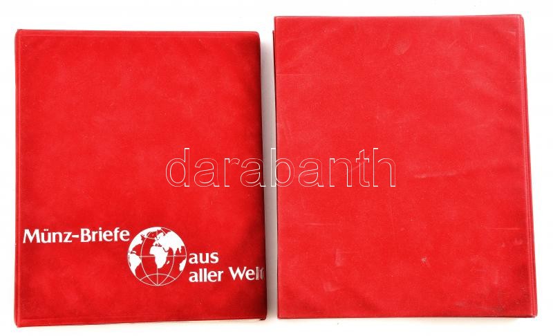 'Münz Briefe aus aller Welt' piros, plüssborítású, négygyűrűs album, 30db kettes osztású berakólappal, plüssborítású tokban, szép állapotban