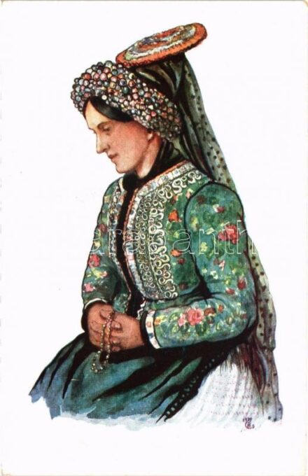Matyó menyecske (Szentistván) Magyar folklór / Hungarian folklore art postcard, Matyó woman s: Csikós Tóth András