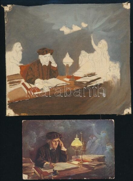 Lionello Balestrieri: Richard Wagner megírja A Nibelung gyűrűjét c. festményét ábrázoló képeslap, illetve róla készített festményvázlat. Ceruza, olaj, vászon, jelzés nélkül, 18,5x16,5 cm