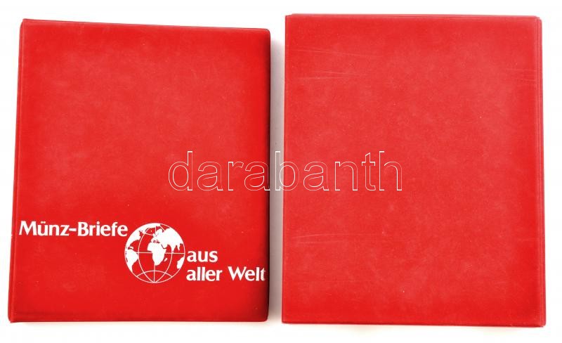 'Münz Briefe aus aller Welt' piros, plüssborítású, négygyűrűs album, 30db kettes osztású berakólappal, plüssborítású tokban, szép állapotban