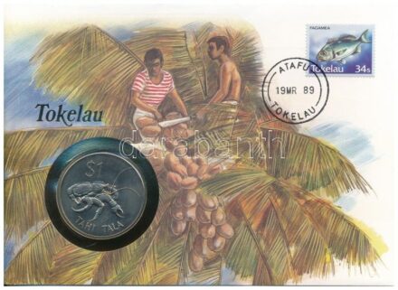Tokelau 1980. 1$ / 1T Cu-Ni 'Pálmatolvaj' forgalomba nem került emlékkiadás felbélyegzett borítékban, bélyegzéssel, német nyelvű leírással T:1 patina Tokelau 1980. 1 Dollar / 1 Tala Cu-Ni 'Coconut Crab' non-circulating commemorative