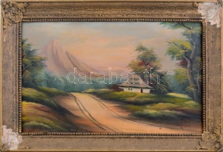 Olvashatatlan jelzéssel: Táj házikóval. Olaj, vászon. Dekoratív, sérült fakeretben. 33x54 cm