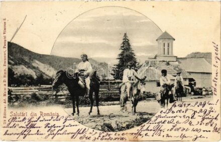 1903 Salutari din Romania. Ad. Maier & D. Stern 724. / Üdvözlet Romániából, román parasztok szamárháton / Romanian folklore, farmers on donnkey