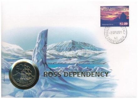 Új-Zéland / Ross Dependency 1988. 50c Cu-Ni 'Endeavour hajó' felbélyegzett borítékban, bélyegzéssel, német nyelvű leírással T:1 patina New Zealand / Ross Dependency 1988. 50 Cents Cu-Ni 'Endeavour' in envelope with stamp, cancellation,