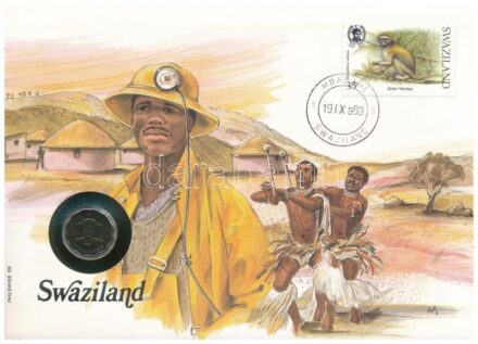 Szváziföld 1986. 5c Cu-Ni felbélyegzett borítékban, bélyegzéssel, német nyelvű leírással T:1 patina Swaziland 1986. 5 Cents Cu-Ni in envelope with stamp, cancellation, and a description in german C:UNC patina Krause KM#40.1