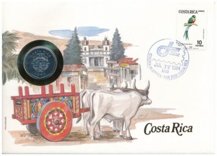 Costa Rica 1983. 5C acél felbélyegzett borítékban, bélyegzéssel, német nyelvű tájékoztatóval T:1- Costa Rica 1983. 5 Colones steel in envelope with stamp, cancellation and a prospectus in german C:AU