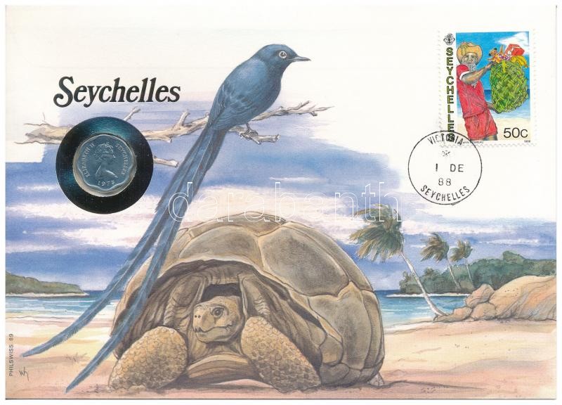 Seychelles-szigetek 1975. 5c felbélyegzett borítékban, bélyegzéssel, német nyelvű leírással T:1 Seychelles 1975. 5 Cents in envelope with stamp and cancellation, with German description C:UNC