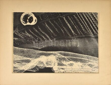 Gyarmathy Tihamér (1915 - 2005): Cím nélkül, 1960-as évek. Fotogram, papír, jelezve jobbra lent. Gyarmathy Tihamér autográf ajándékozási soraival. paszpartuban Lapszéli apró szakadással. 19,5x27,5 cm
