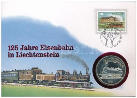 Liechtenstein 1997. 5E Cu-Ni '125 éves a Liechtenstein-i vasút' fantáziaveret felbélyegzett borítékban, bélyegzéssel, német nyelvű leírással T:PP patina Liechtenstein 1997. 5 Euro Cu-Ni '125 Years of Liechtenstein Railroads' fantasy