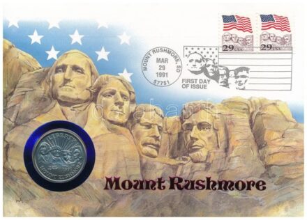 Amerikai Egyesült Államok 1991D 1/2$ Cu-Ni 'Rushmore-hegy' forgalomba nem került emlékkiadás felbélyegzett borítékban, bélyegzéssel, német nyelvű leírással T:1 USA 1991D 50 Cents Cu-Ni 'Mount Rushmore' non-circulating commemorative