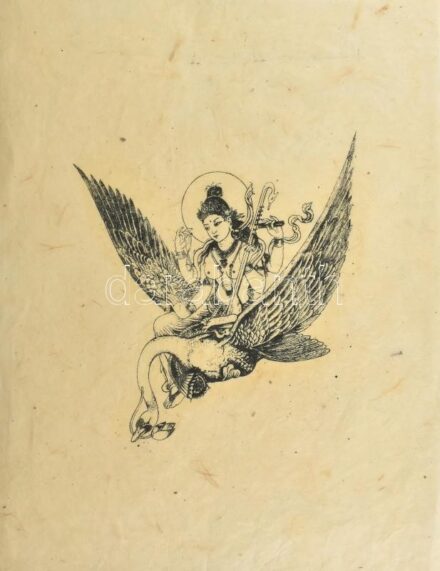 Jelzés nélkül: Szaraszvati (Sarasvati) indiai hindu, a zene, a művészetek istennője. Fametszet, kézi merített papír. 41,5x31,5 cm