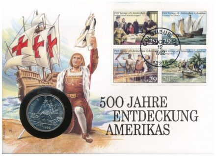Amerikai Egyesült Államok 1992D 1/2$ Cu-Ni 'Kolombusz Kristóf utazásának 500. évfordulója' forgalomba nem került emlékkiadás felbélyegzett borítékban, bélyegzéssel, német nyelvű leírással T:1 USA 1992D 50 Cents Cu-Ni 'The 500th