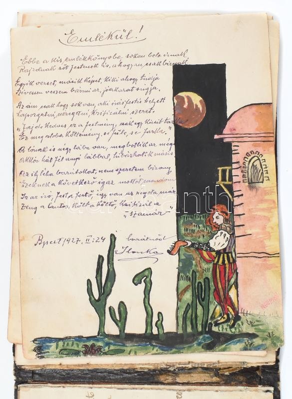 cca 1925-32 Emlékkönyv sok bejegyzéssel, több rajzzal, díszes dombornyomott, kopott kötésben, néhány lap kijár, 13x16,5 cm