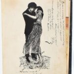 cca 1925-32 Emlékkönyv sok bejegyzéssel, több rajzzal, díszes dombornyomott, kopott kötésben, néhány lap kijár, 13x16,5 cm - Image 2
