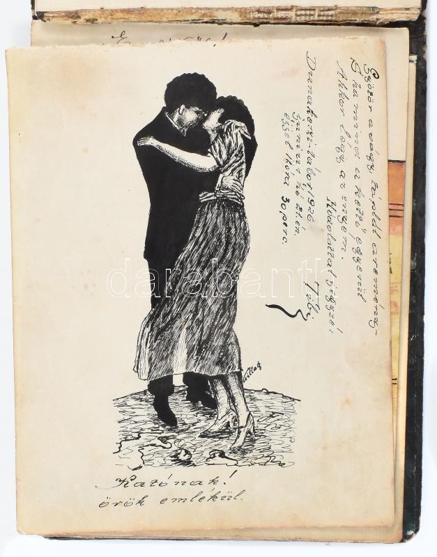 cca 1925-32 Emlékkönyv sok bejegyzéssel, több rajzzal, díszes dombornyomott, kopott kötésben, néhány lap kijár, 13x16,5 cm - Image 2