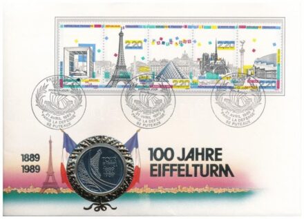 Franciaország 1989. 5Fr acél 'Az Eiffel-torony 100. évfordulója' forgalmi emlékkiadás felbélyegzett borítékban, bélyegzéssel, német nyelvű leírással T:1 France 1989. 5 Francs steel 'The 100th Anniversary of the Eiffel Tower'