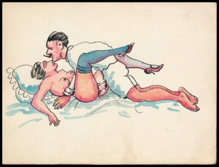 Jelzés nélkül, feltehetően XX. sz. első felében működött alkotó: Pornográf rajz. Akvarell, tus papír. 12,5x16,5 cm