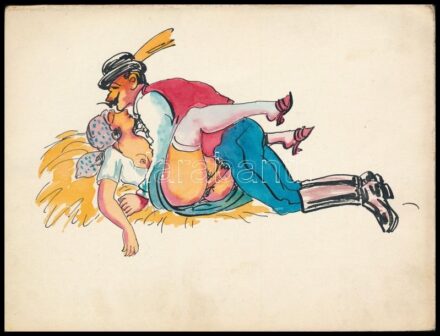 Jelzés nélkül, feltehetően XX. sz. első felében működött alkotó: Pornográf rajz. Akvarell, tus papír. 12,5x16,5 cm