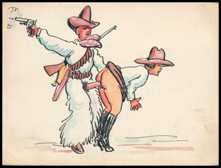 Jelzés nélkül, feltehetően XX. sz. első felében működött alkotó: Pornográf rajz. Akvarell, tus papír. 12,5x16,5 cm
