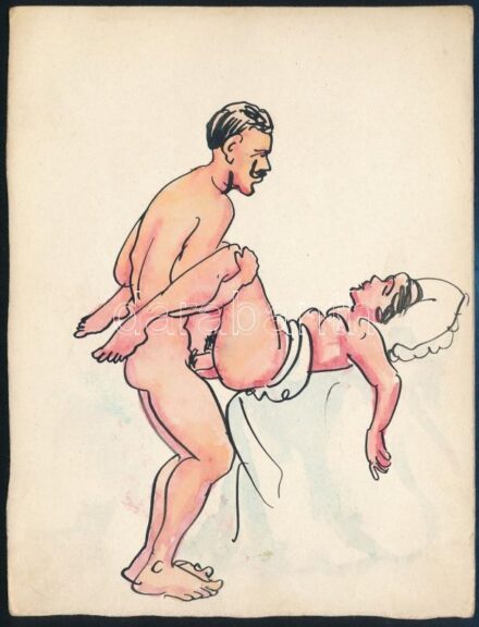 Jelzés nélkül, feltehetően XX. sz. első felében működött alkotó: Pornográf rajz. Akvarell, tus papír. 16,5x12,5 cm