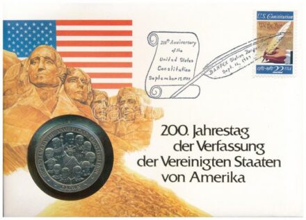 Man-sziget 1987. 1C Cu-Ni '200 éves az Egyesült Államok Alkotmánya' forgalomba nem került emlékkiadás felbélyegzett borítékban, bélyegzéssel, német nyelvű leírással T:1- ü. Isle of Man 1987. 1 Crown Cu-Ni 'Bicentenary of the