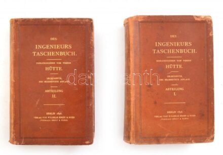 Des Ingenieurs Taschenbuch. Herausgegeben vom akademischen Verein 'Hütte'. I-II. köt. Berlin, 1896, Wilhelm Ernst & Sohn, VI+984+32 p., XII+618+32 p. Német nyelven. Kiadói aranyozott egészbőr-kötés, kissé sérült, kopottas borítóval.