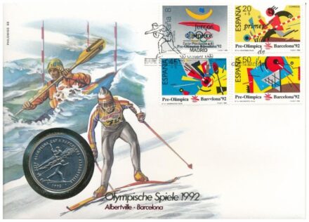 Andorra 1987. 2D Cu-Ni 'XXIV. Téli Olimpia 1992' forgalomba nem került emlékkiadás felbélyegzett borítékban, alkalmi bélyegzéssel, német nyelvű leírással T:1 patina Andorra 1987. 2 Diners Cu-Ni '24th Winter Olympics 1992'
