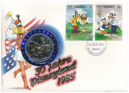 Maldív-szigetek 1985. 'Disneyland 30. évfordulója' fém emlékérem felbélyegzett borítékon, alkalmi bélyegzéssel, német nyelvű leírással T:1- patina Maldives 1985. '30th Anniversary of Disneyland' metal medallion in envelope with