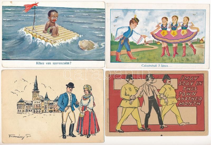 11 db RÉGI motívum képeslap vegyes minőségben: népviseletes, gyerek, humor / 11 pre-1945 motive postcards in mixed quality: folklore, children, humour