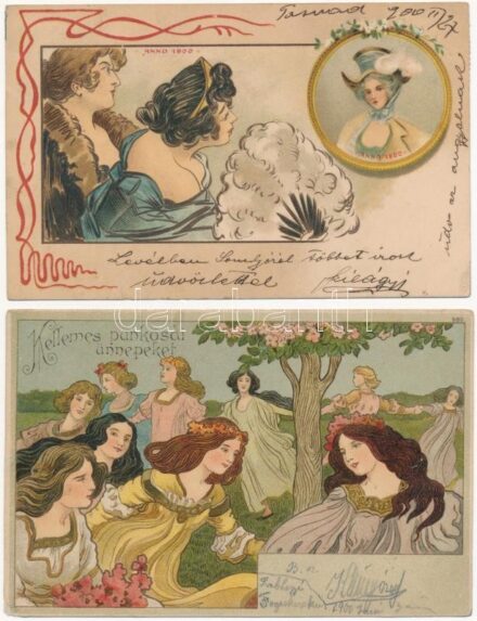 2 db RÉGI szecessziós litho hölgy képeslap / 2 pre-1945 Art Nouveau litho lady postcards