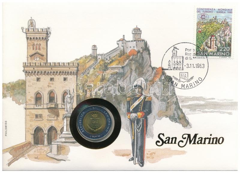 San Marino 1983. 500L bimetál 'Az atomháború fenyegetése' felbélyegzett borítékban, bélyegzéssel, német nyelvű leírással T:1 patina San Marino 1983. 500 Lire Bimetallic 'Threat of Nuclear War' in envelope with stamp, cancellation and a