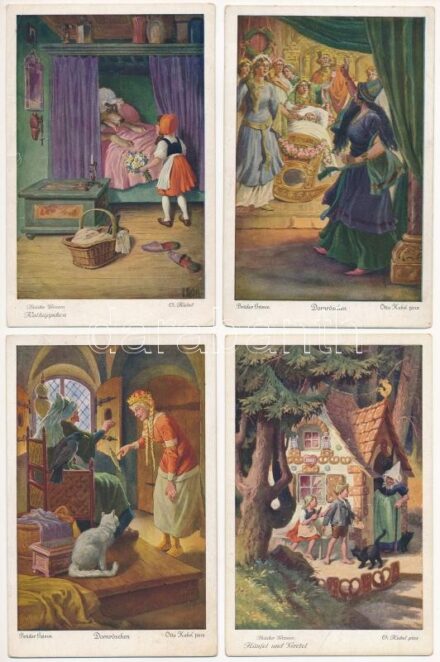 6 db RÉGI művészlap: Grimm testvérek mese képeslapok / 6 pre-1945 art postcards: Grimm's Fairy Tales