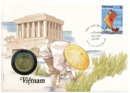 Vietnám 1974. 10D felbélyegzett borítékban, bélyegzéssel, német nyelvű leírással T:1 Vietnam 1974. 10 Dong in envelope with stamp and cancellation, with German description C:UNC