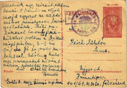 1943 Erdős András zsidó KMSZ (közérdekű munkaszolgálatos) tábori posta a XIII/3. lisznyói tábori munkás század munkatáborból Reich Miklósnak címezve. Judaika / WWII Letter from a Jewish labor serviceman to his friend from the labor