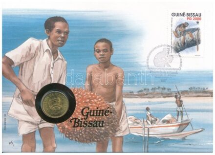 Bissau-Guinea 1977. 1P Al-Br felbélyegzett borítékban, bélyegzéssel, német nyelvű tájékoztatóval T:1- patina Bissau-Guinea 1977. 1 Peso Al-Br in envelope with stamp, cancellation and a prospectus in german C:AU patina