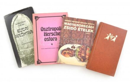 4 db judaika témájú könyv: Szirtes I. János: Szentföld Dávid csillagában. Izraeli útijegyzetek; Herbst Péterné Krausz Zorica: Magyarországi zsidó ételek; Hajdu István: Osztropoli Herschel ostora. Viccek, adomák és bölcs mondások